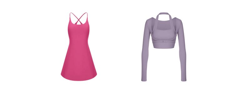 hot pink active dress, and lavender active shirt 