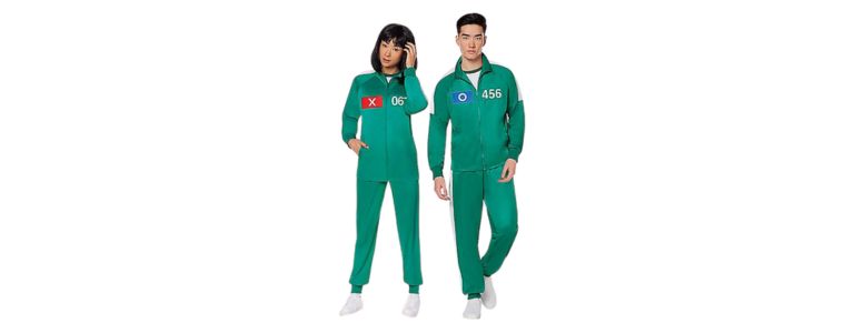 woman and man in green Squid Games inspired track suits