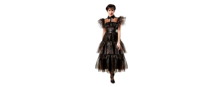 girl in black Wednesday Addams inspired dress