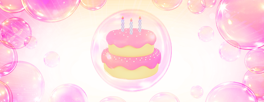 Pink bubble background with pink layered birthday cake in the center within a bubble