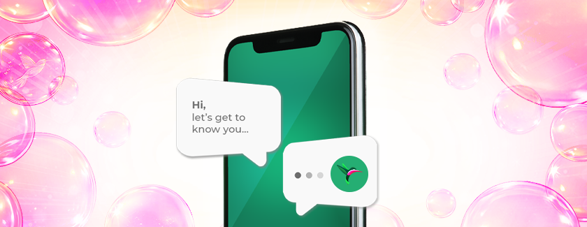 Picture of cellphone with chat boxes on a pink bubble background