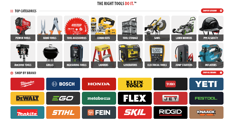 Acme Tools top categories and brands