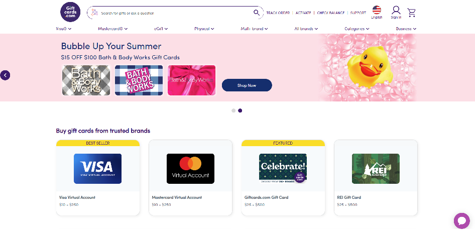 Giftcards.com homepage