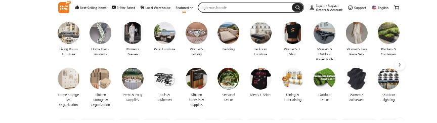 Temu Featured Categories Page